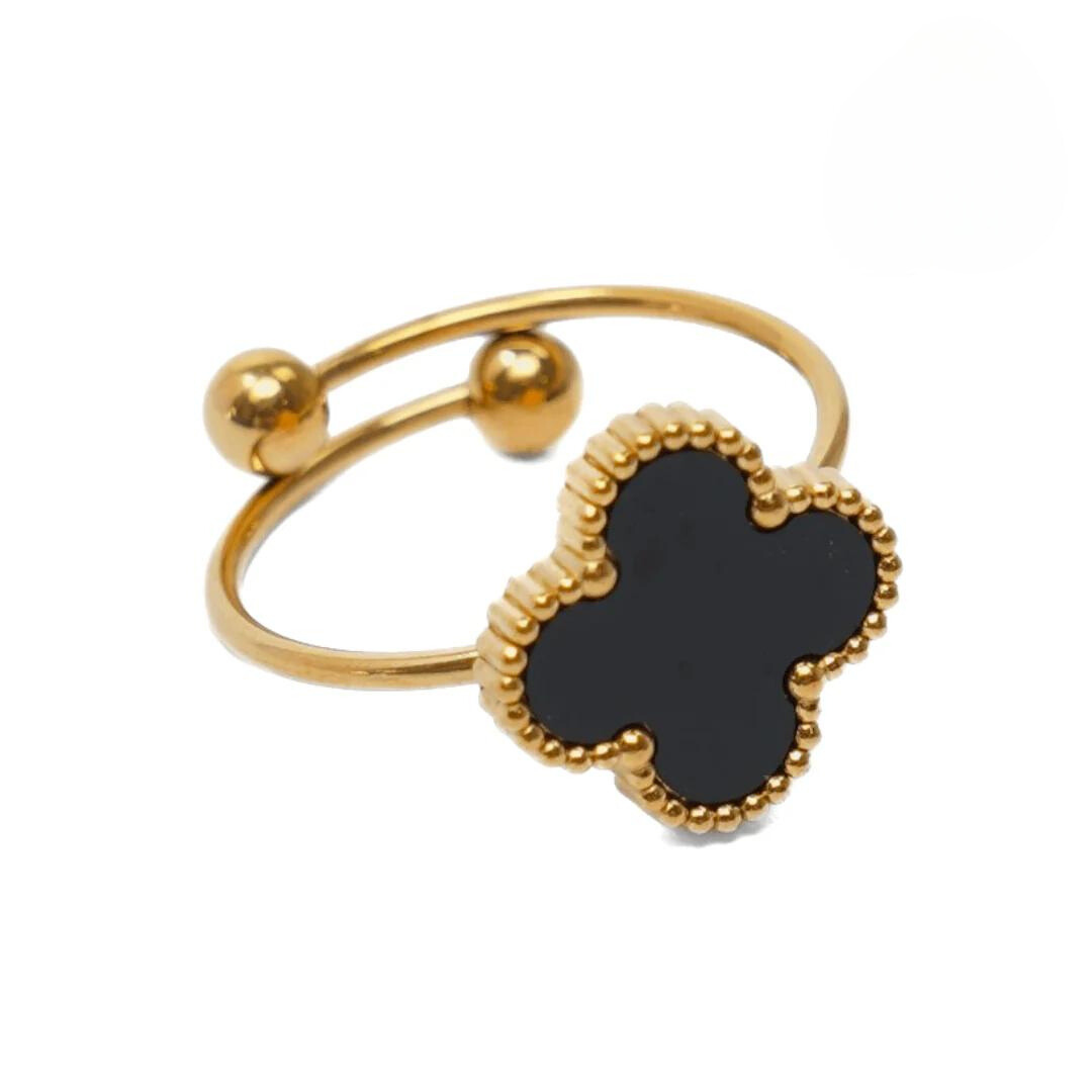 Anel Trevo Preto Ajustável Banhado a Ouro 18K | BELLORIE
