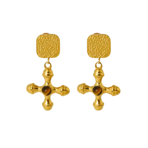 Brinco Cruz com Pedra Natural Banhado a Ouro 18K | BELLORIE