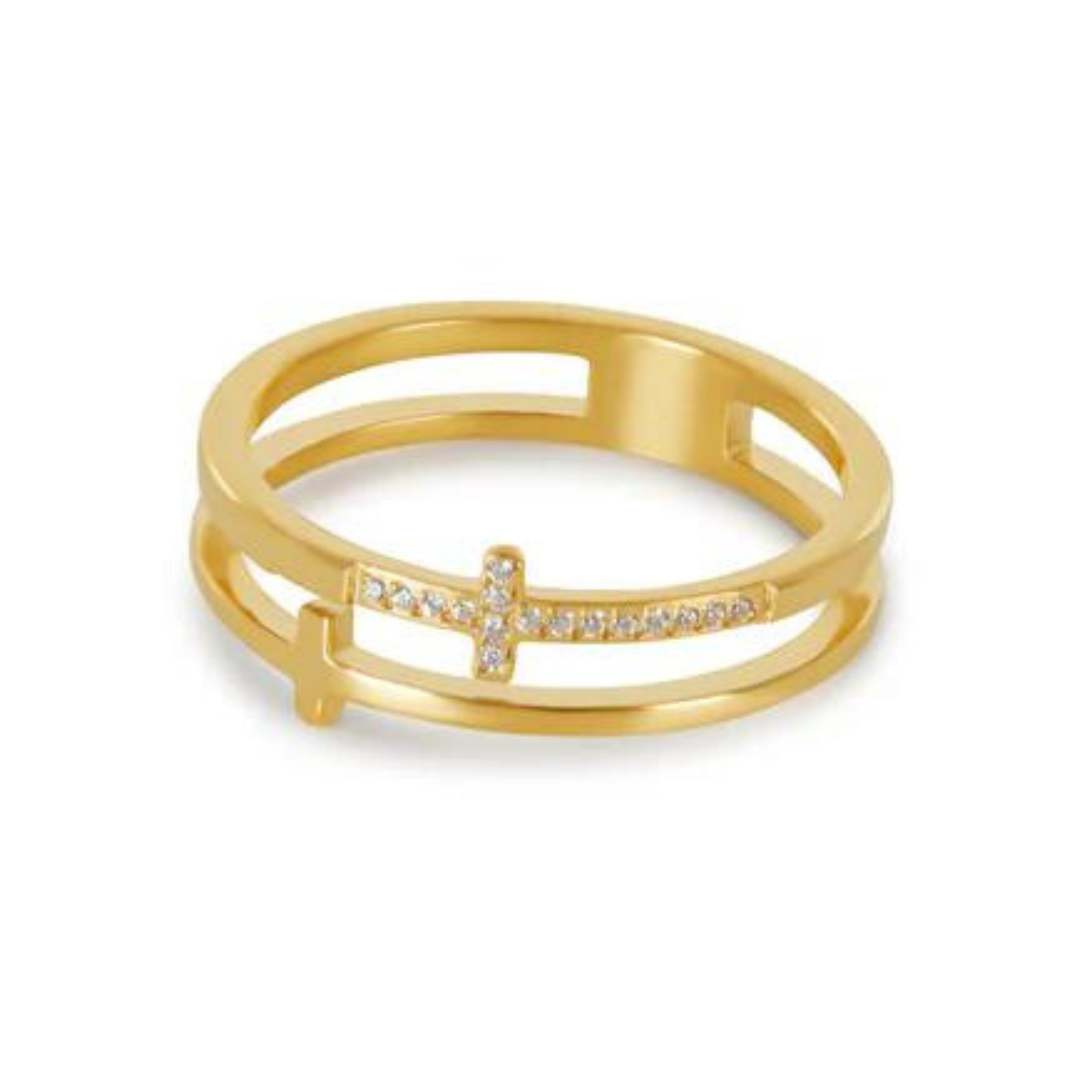 Anel Cruz Dupla Zircônia Banhado em Ouro 18k | BELLORIE