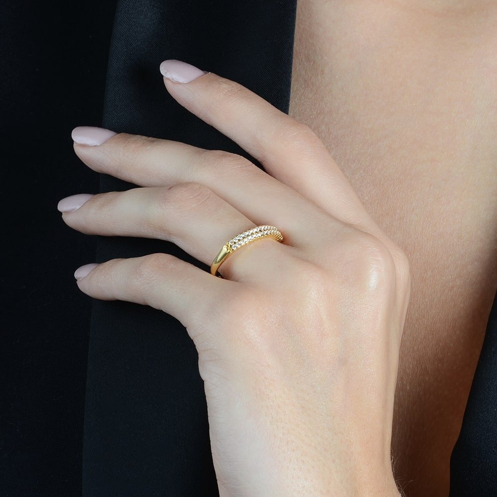 Anel Ouro 24K Aparador Duplo Cravejado – Bellorie