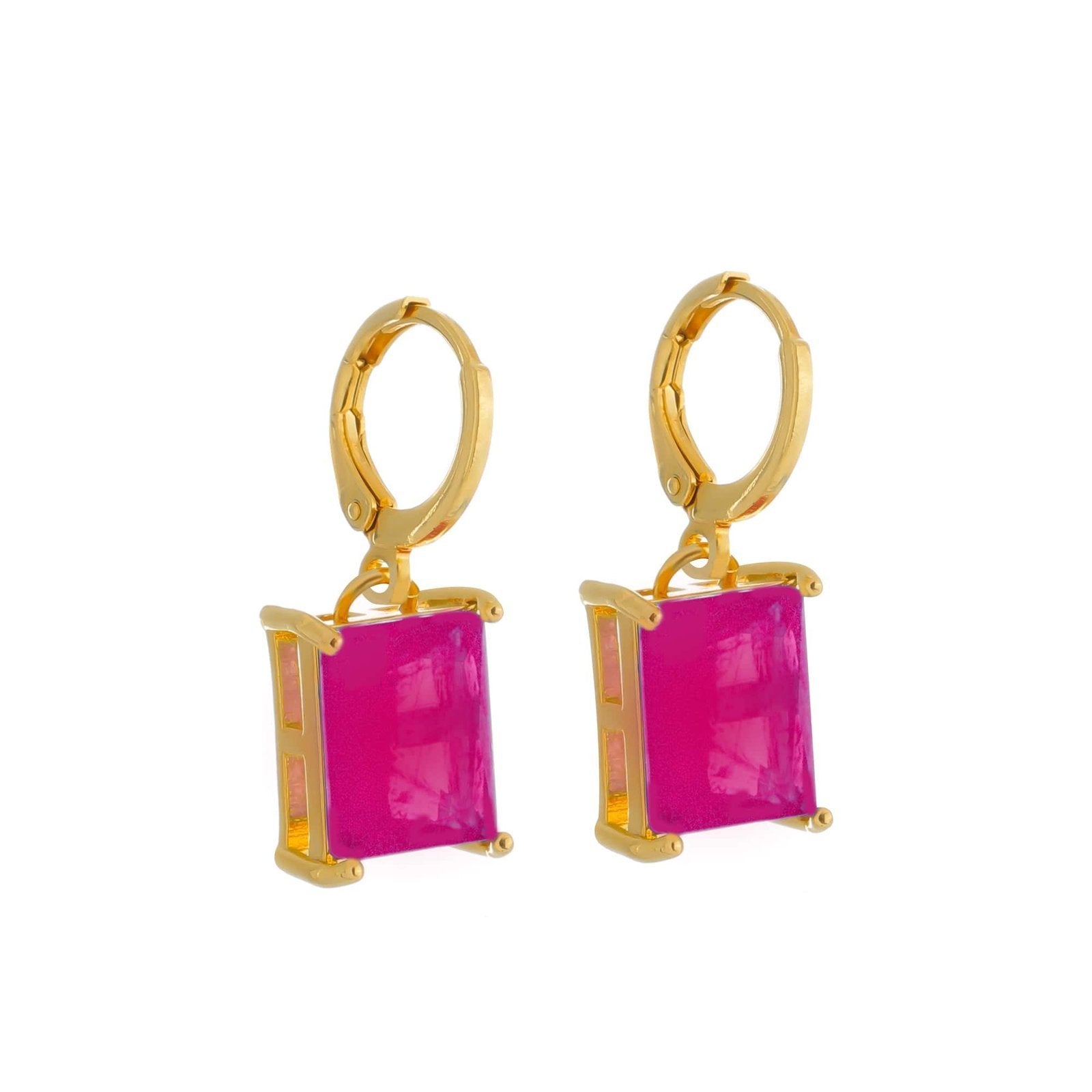 Brinco em Ouro 24K Argolinha com Pedra Retangular Rosa – Bellorie