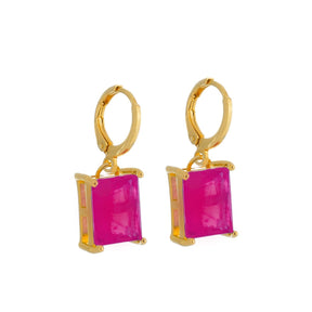 Brinco em Ouro 24K Argolinha com Pedra Retangular Rosa – Bellorie