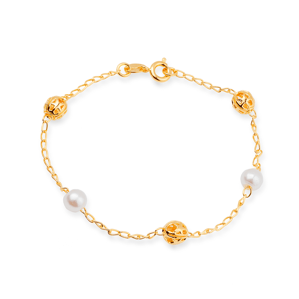 Pulseira em Ouro 24K de Pérolas e Esferas Vazadas – Bellorie