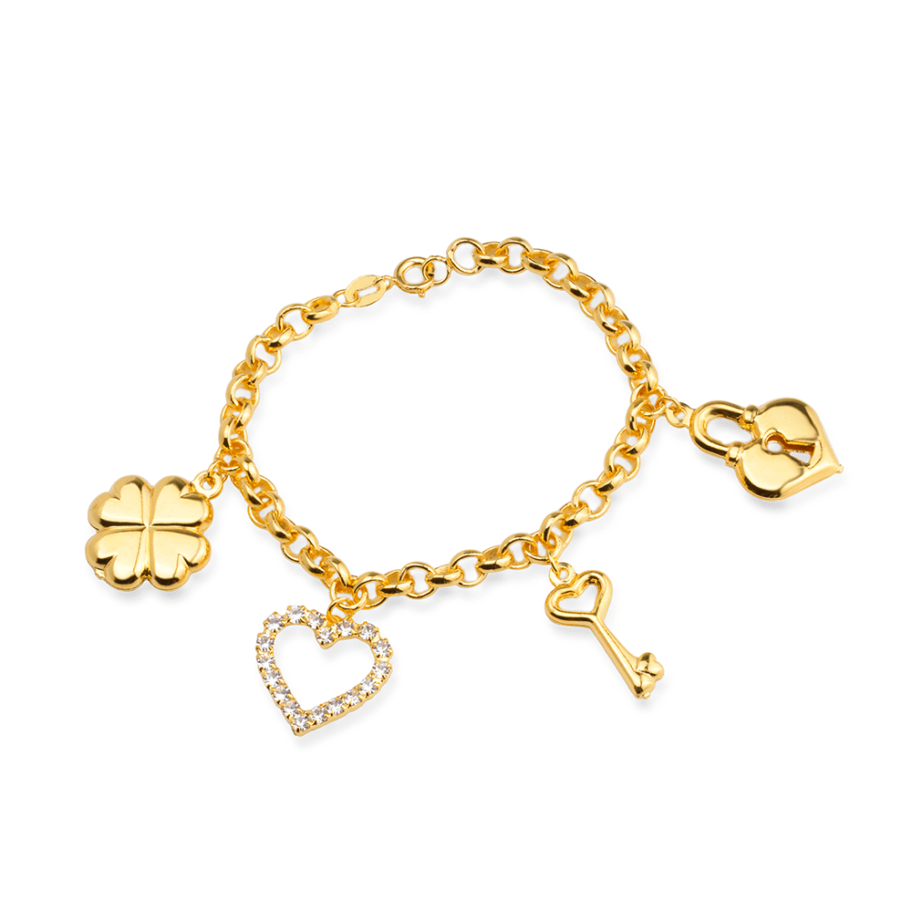Pulseira em Ouro 24K Elo Português com Coração, Cadeado, Trevo e Chave – Bellorie