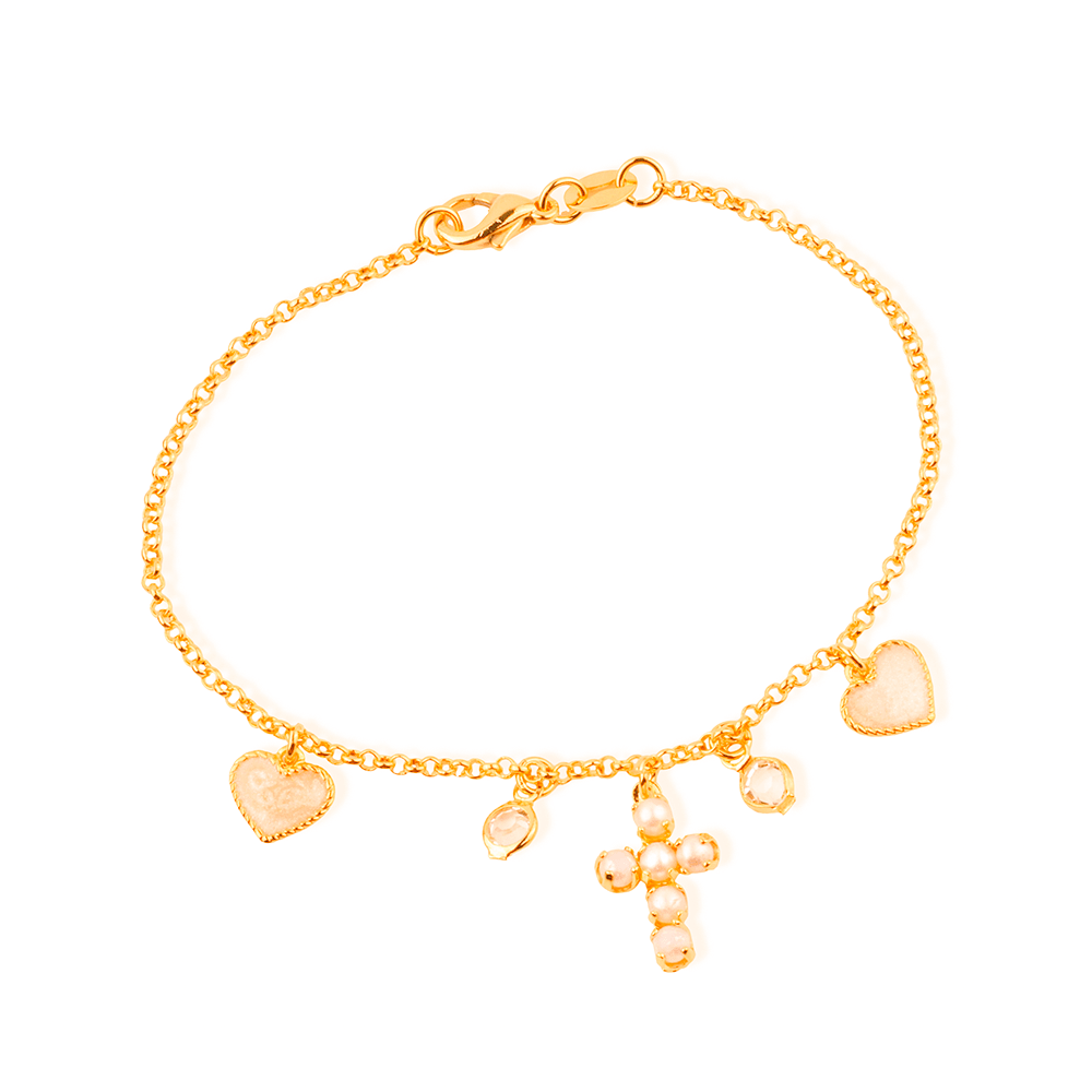Pulseira em Ouro 24K Religiosa Cruz de Pérolas com Coração em Madrepérola e Ponto de Luz – Bellorie