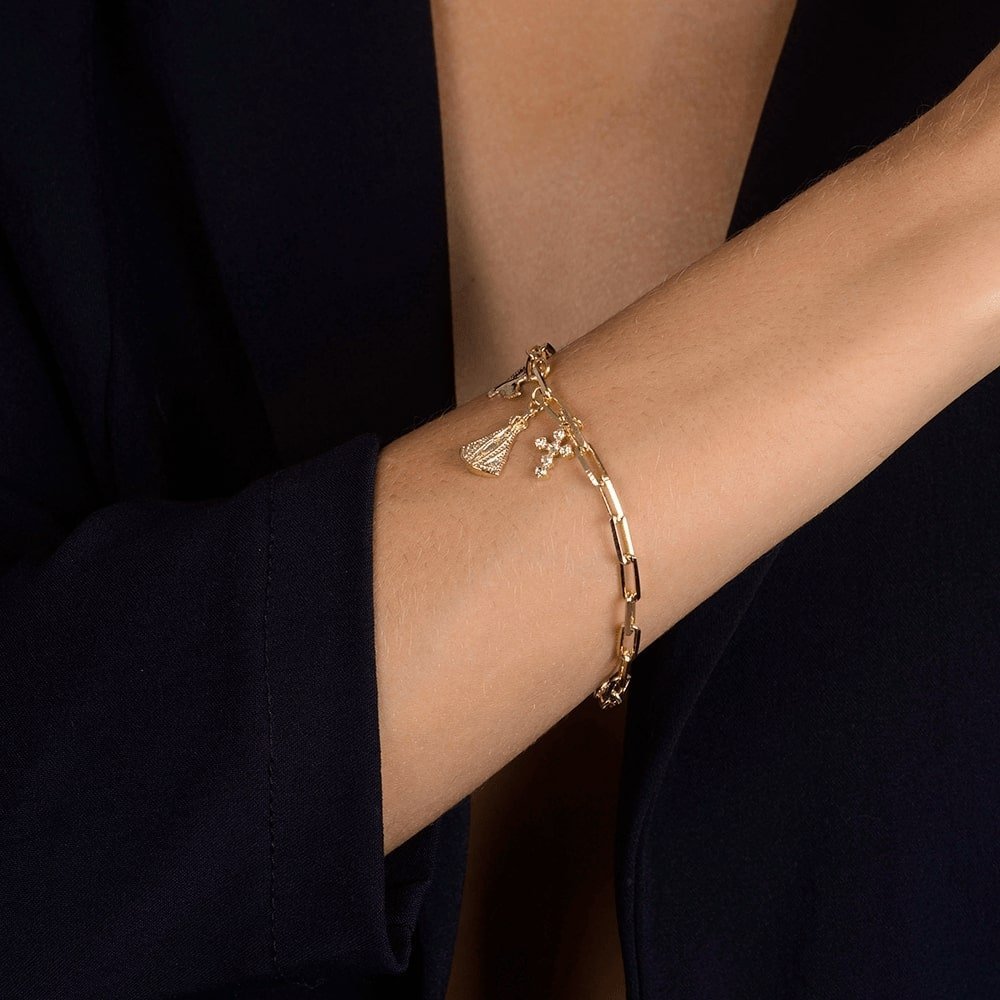 Pulseira em Ouro 24K Religiosa Nossa Senhora, Espírito Santo e Cruz com Zircônias – Bellorie