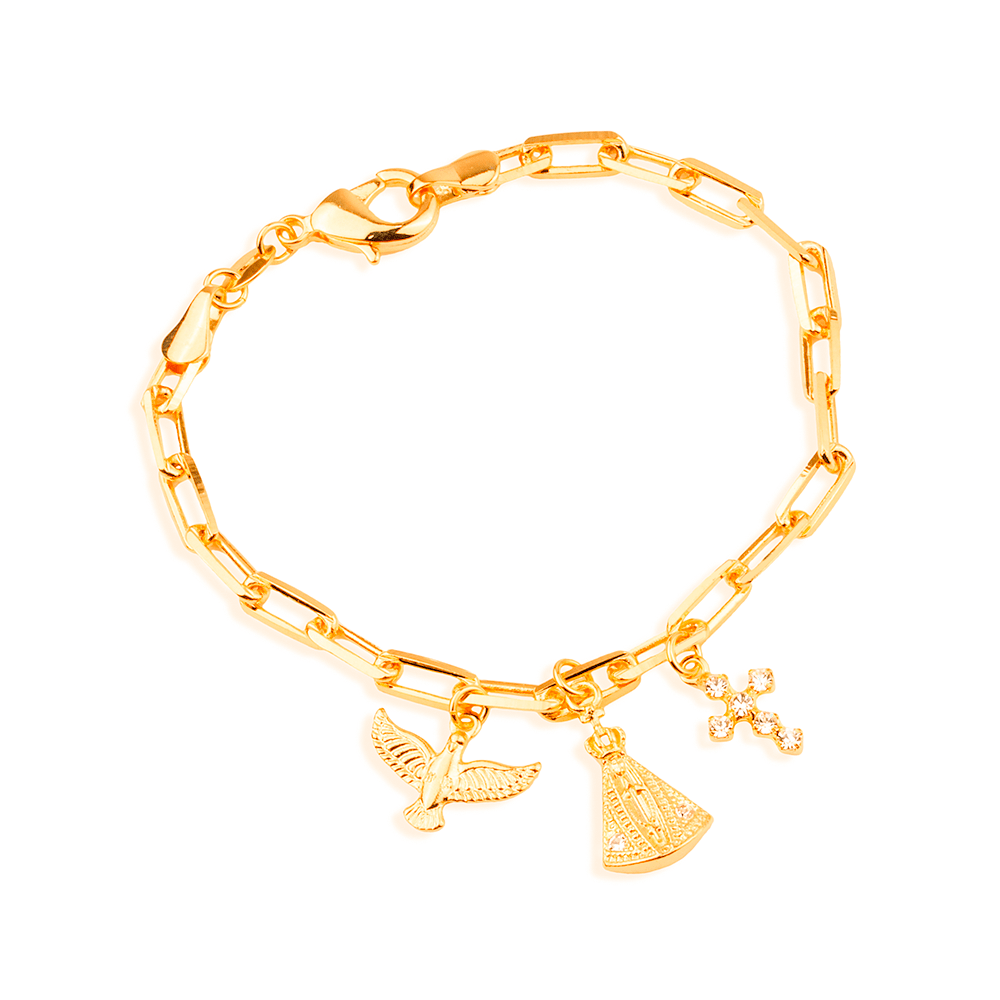 Pulseira em Ouro 24K Religiosa Nossa Senhora, Espírito Santo e Cruz com Zircônias – Bellorie