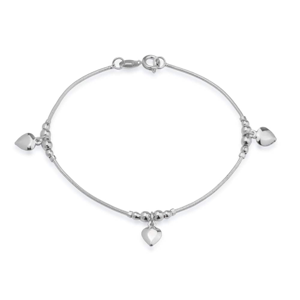 Pulseira em Ouro Branco Lisa com 3 Pingentes de Coração – Bellorie